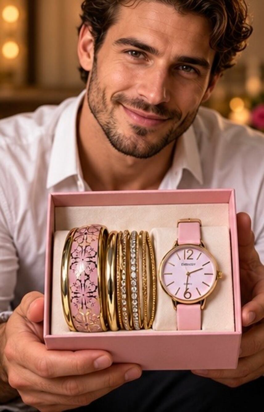 Embassy Pink Watch & Gold Tone Bangle Stack Set NWT